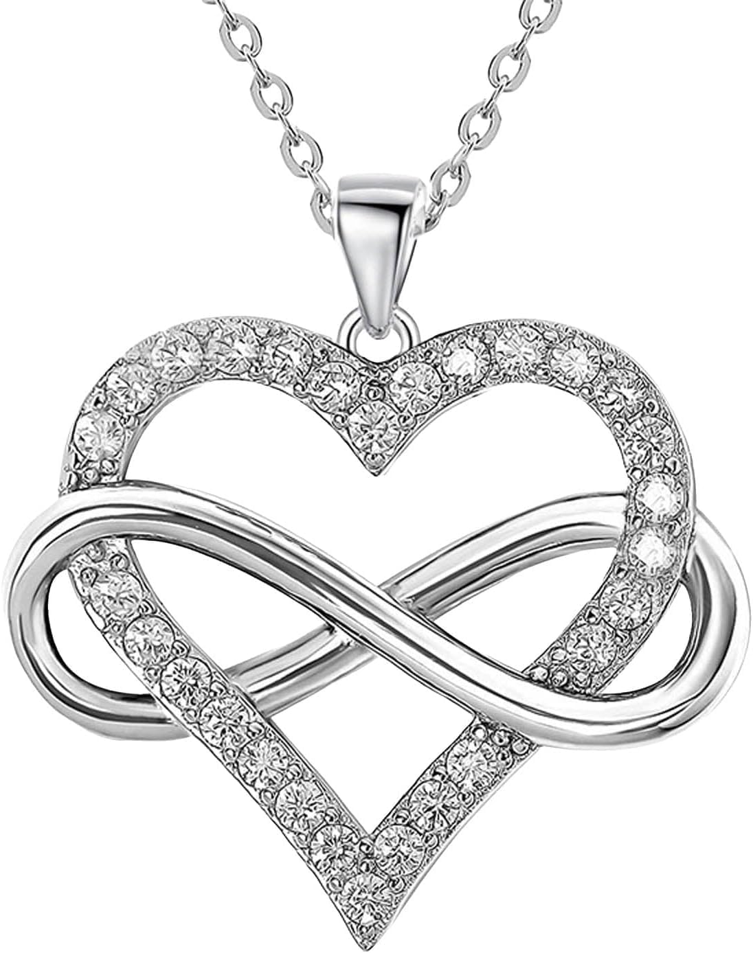 Infinity Heart Necklace for Women, Love Heart Pendant with Cubic Zirconia and Infinity Necklace, 925 Sterling Silver Heart Necklace for Girlfriend